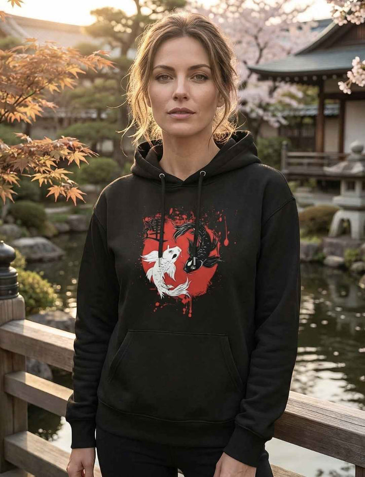 Model mit schwarzem Organic Hoodie und Koi-Motiv in japanischer Landschaft
