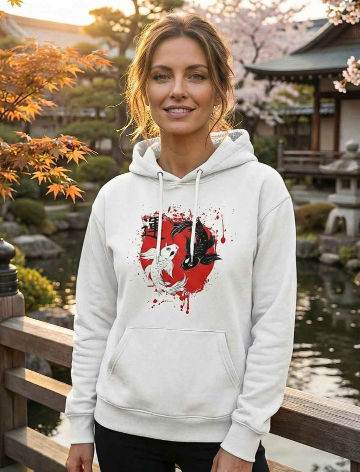 Model mit weißem Organic Hoodie und Harmonic-Koi-Motiv vor japanischer Szenerie