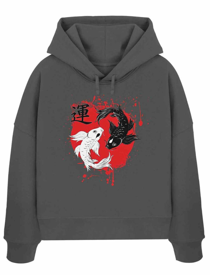 Anthrazitfarbener Boxcut Hoodie mit Koi-Motiv und rotem Akzentkreis
