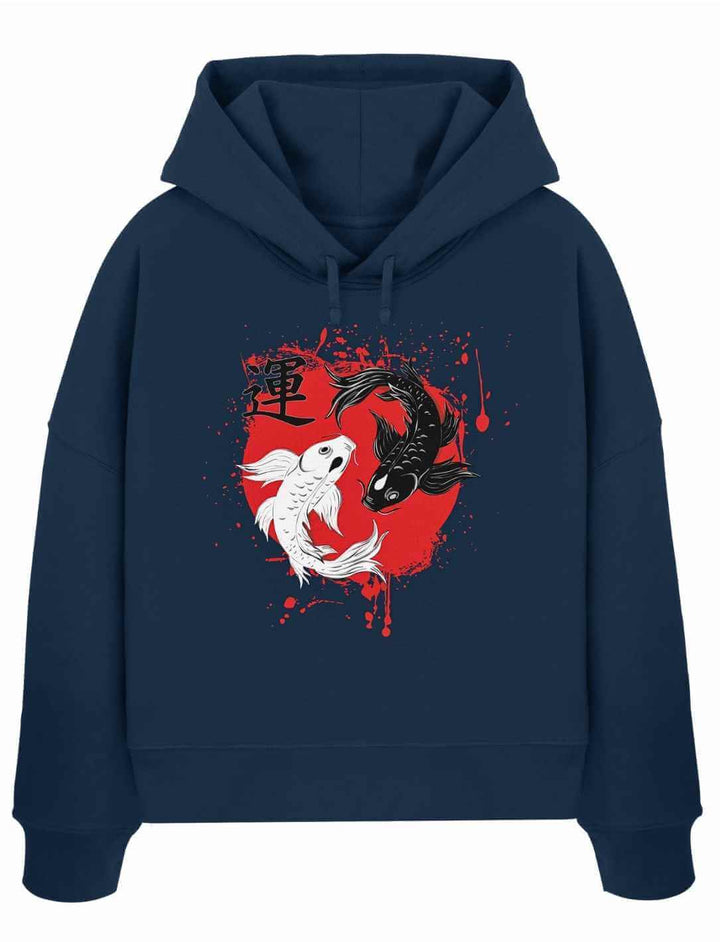 Navyfarbener Boxcut Hoodie mit japanischem Koi-Motiv im Kreisdesign