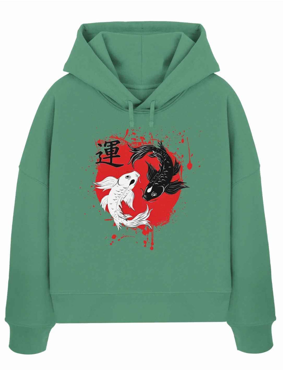 Grüner Boxcut Hoodie mit Koi-Motiv in rot und weiß