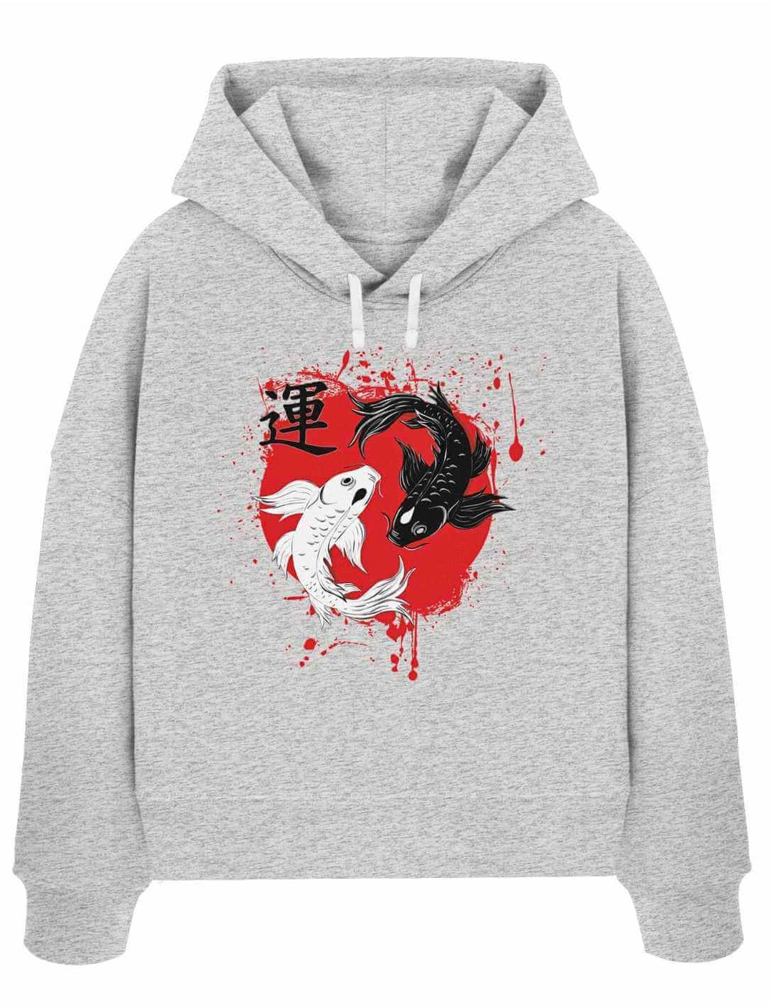 Hellgrau mellierter Boxcut Hoodie mit Harmonic-Koi-Motiv in rot und weiß
