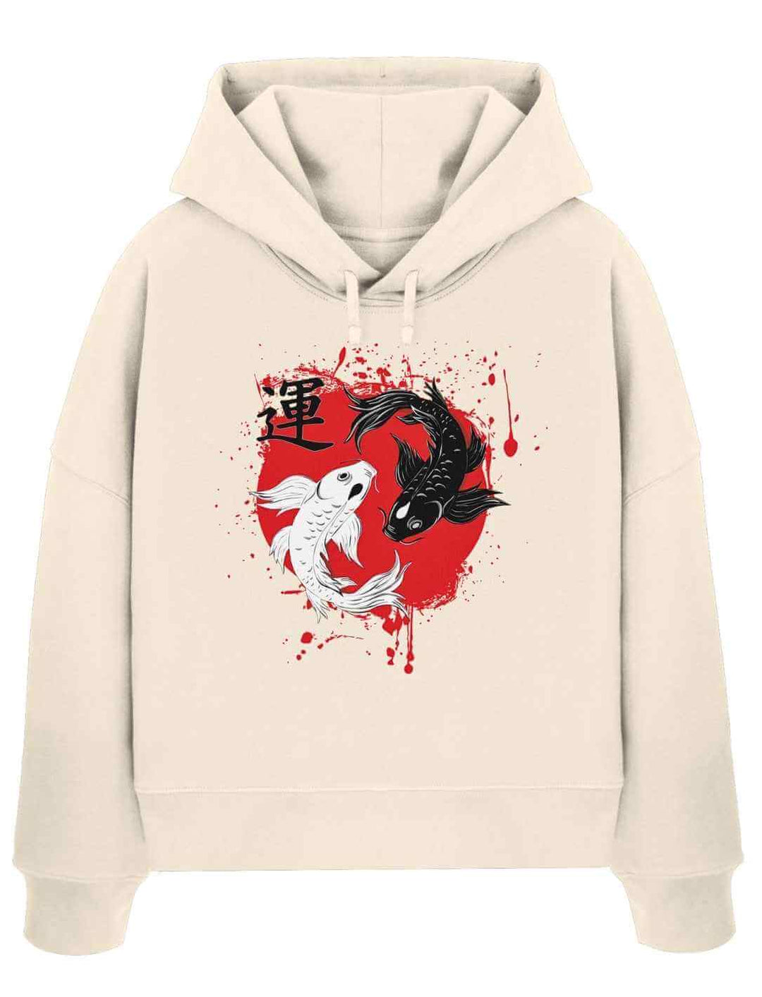 Naturfarbener Boxcut Hoodie mit Harmonic-Koi-Motiv im japanischen Stil