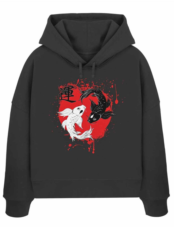 Schwarzer Boxcut Hoodie mit Harmonic-Koi-Motiv in rot und weiß
