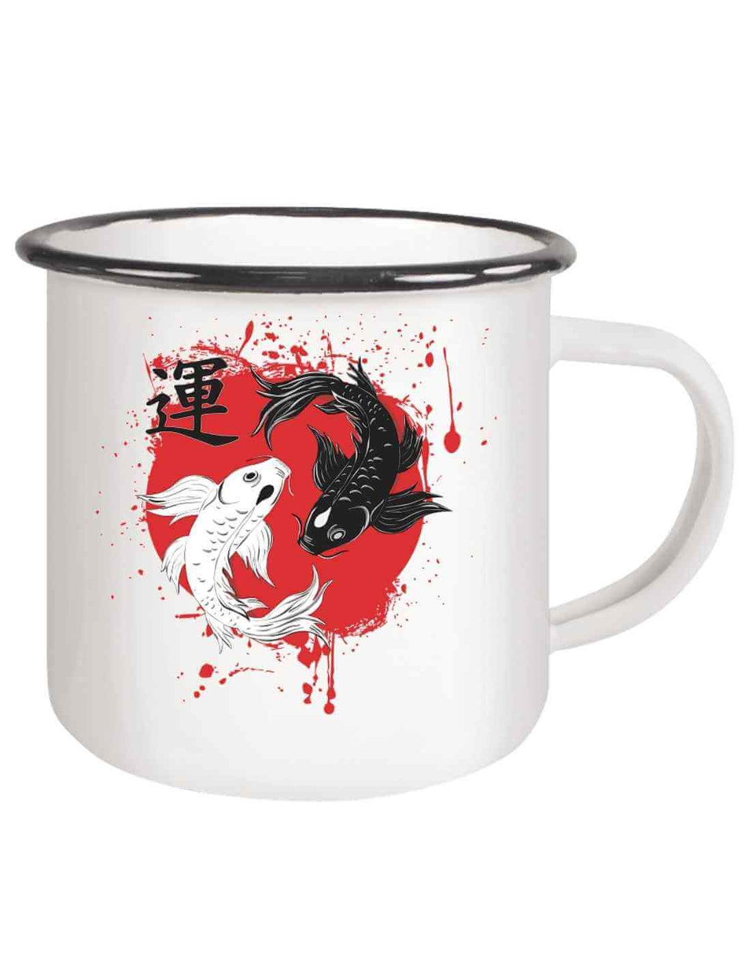 Harmonic Koi Tasse aus Emaille mit schwarzem Rand. Japanisches Design.