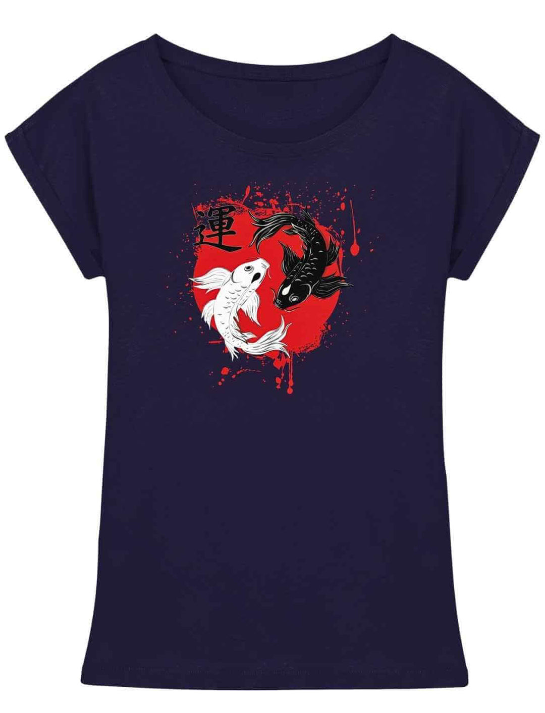 Navy Damen Longfit Shirt mit Harmonic-Koi-Motiv in rot und schwarz