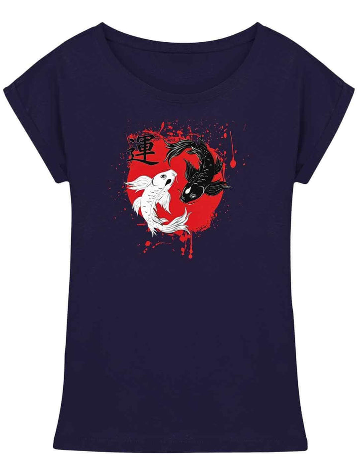 Navy Damen Longfit Shirt mit Harmonic-Koi-Motiv in rot und schwarz