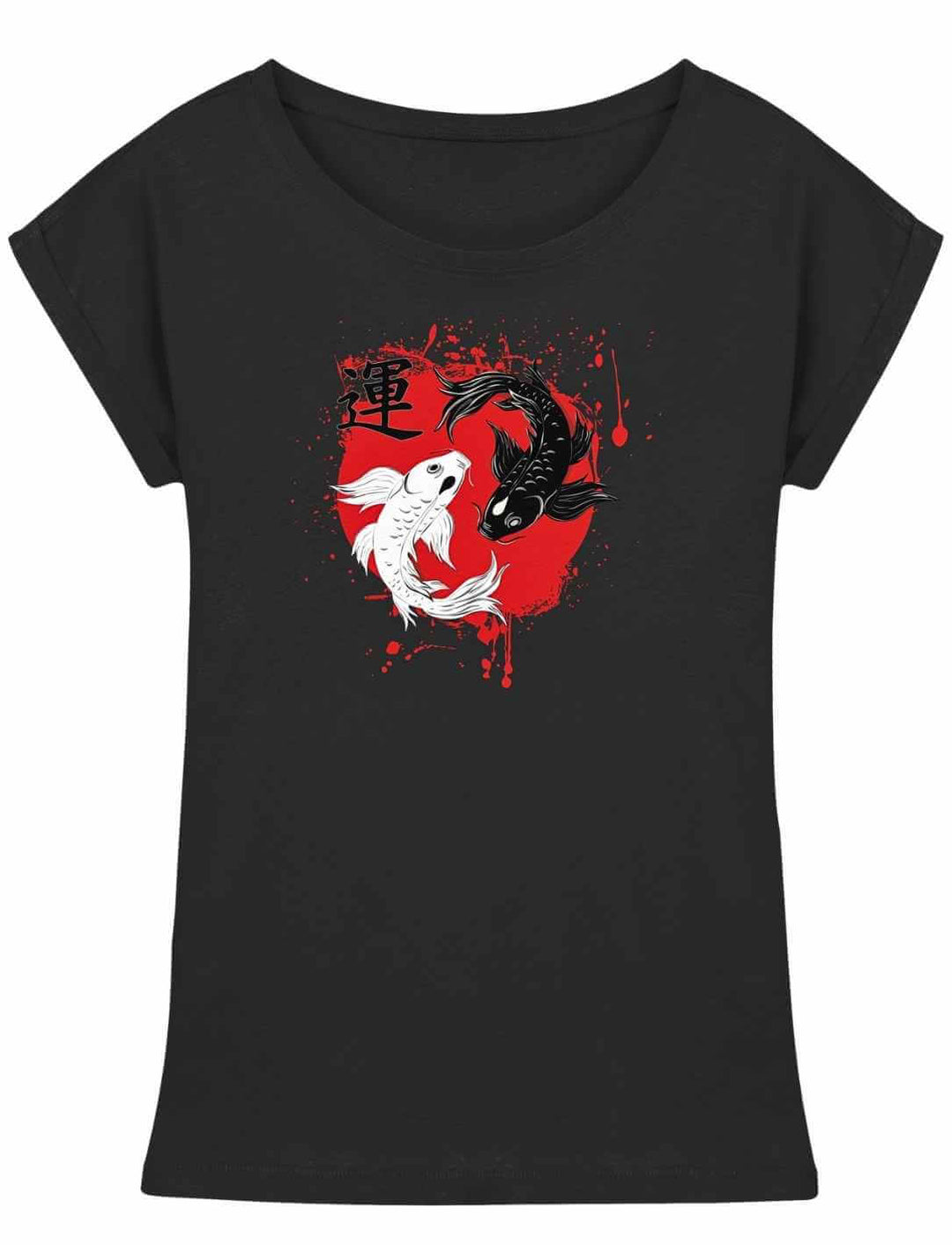 Schwarzes Damen Longfit Shirt mit Harmonic-Koi-Motiv in rot und weiß