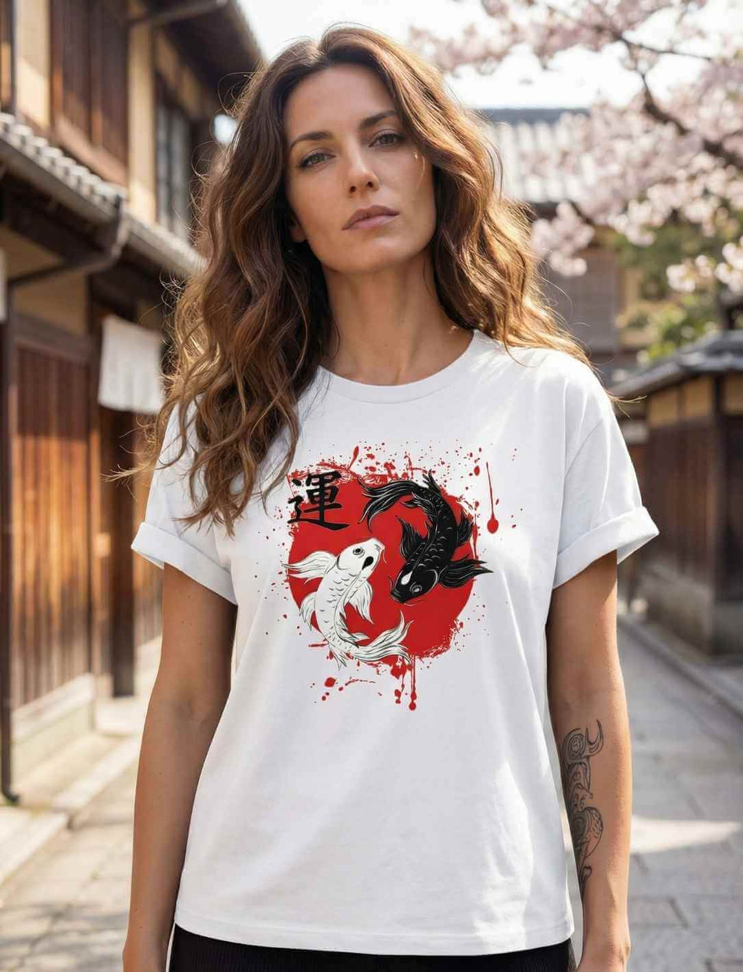 Model trägt weißes Relaxed Damen Shirt mit Koi-Motiv vor traditioneller japanischer Straße