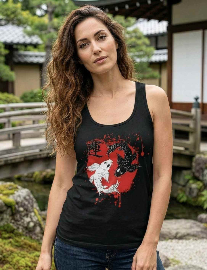 Junge Frau trägt das Harmonic Koi Damen Tank Top mi japanischem Motiv.