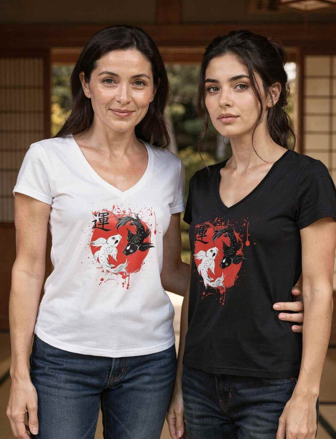 Zwei Modelle tragen Damen V-Neck Shirts mit Harmonic-Koi-Motiv im japanischen Raum