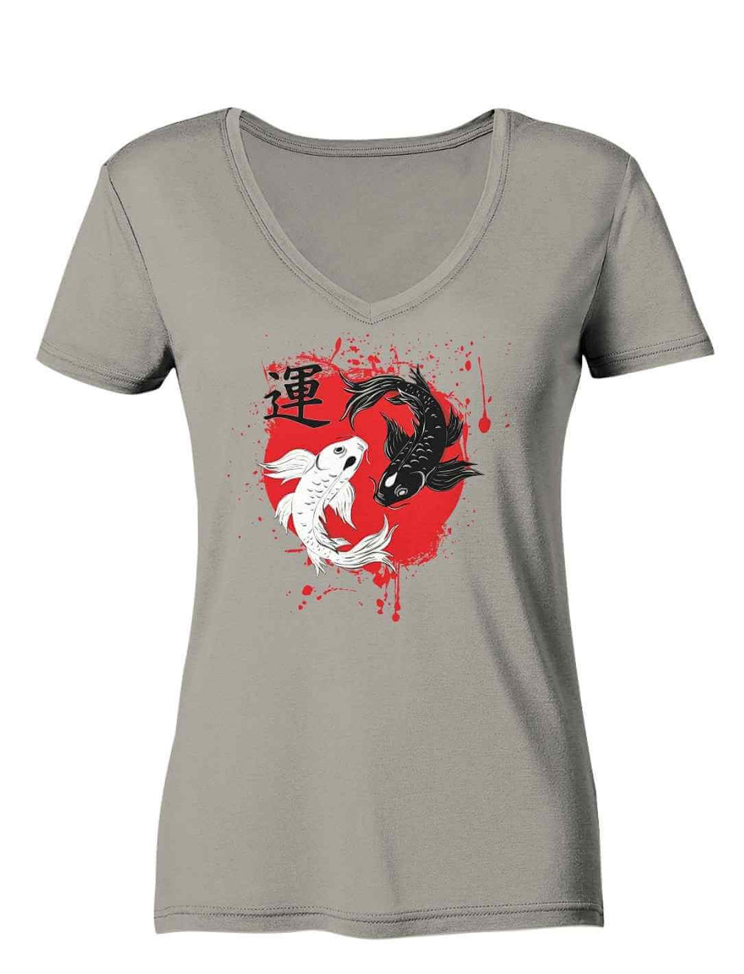 Hellgraues Damen V-Neck Shirt mit Harmonic-Koi-Motiv und rotem Akzentkreis