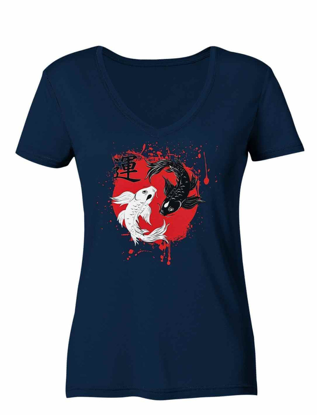Navy Damen V-Neck Shirt mit Koi-Motiv in klassischer japanischer Linienkunst