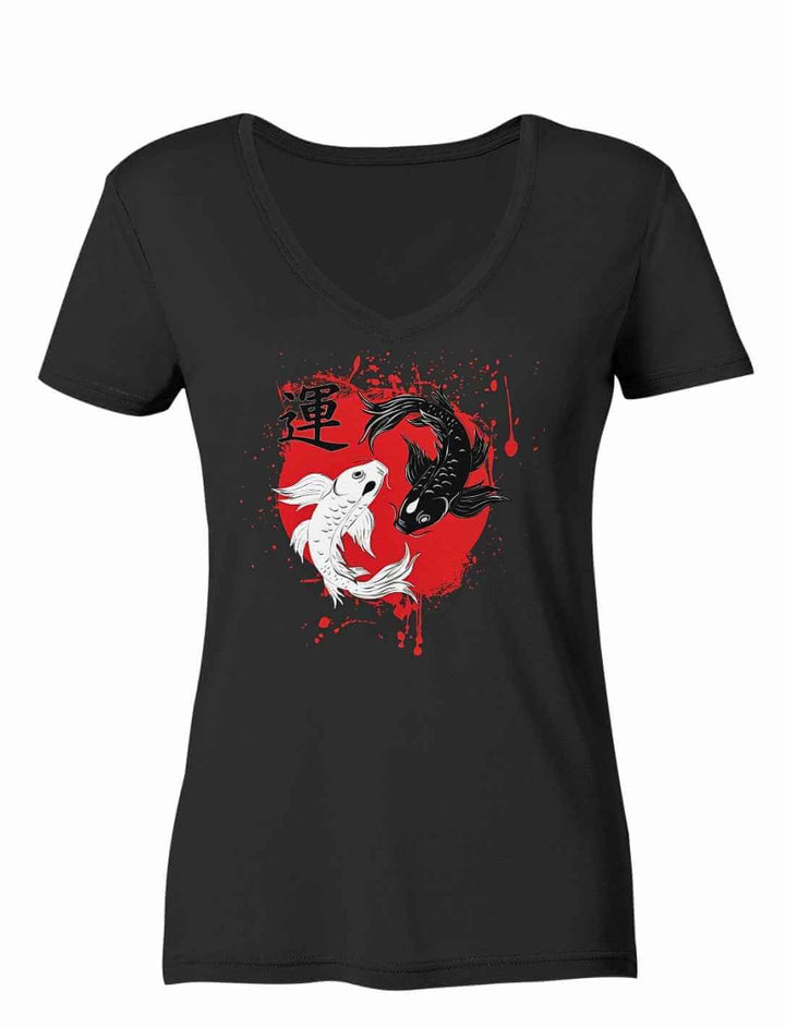 Schwarzes Damen V-Neck Shirt mit Harmonic-Koi-Motiv in rot und weiß