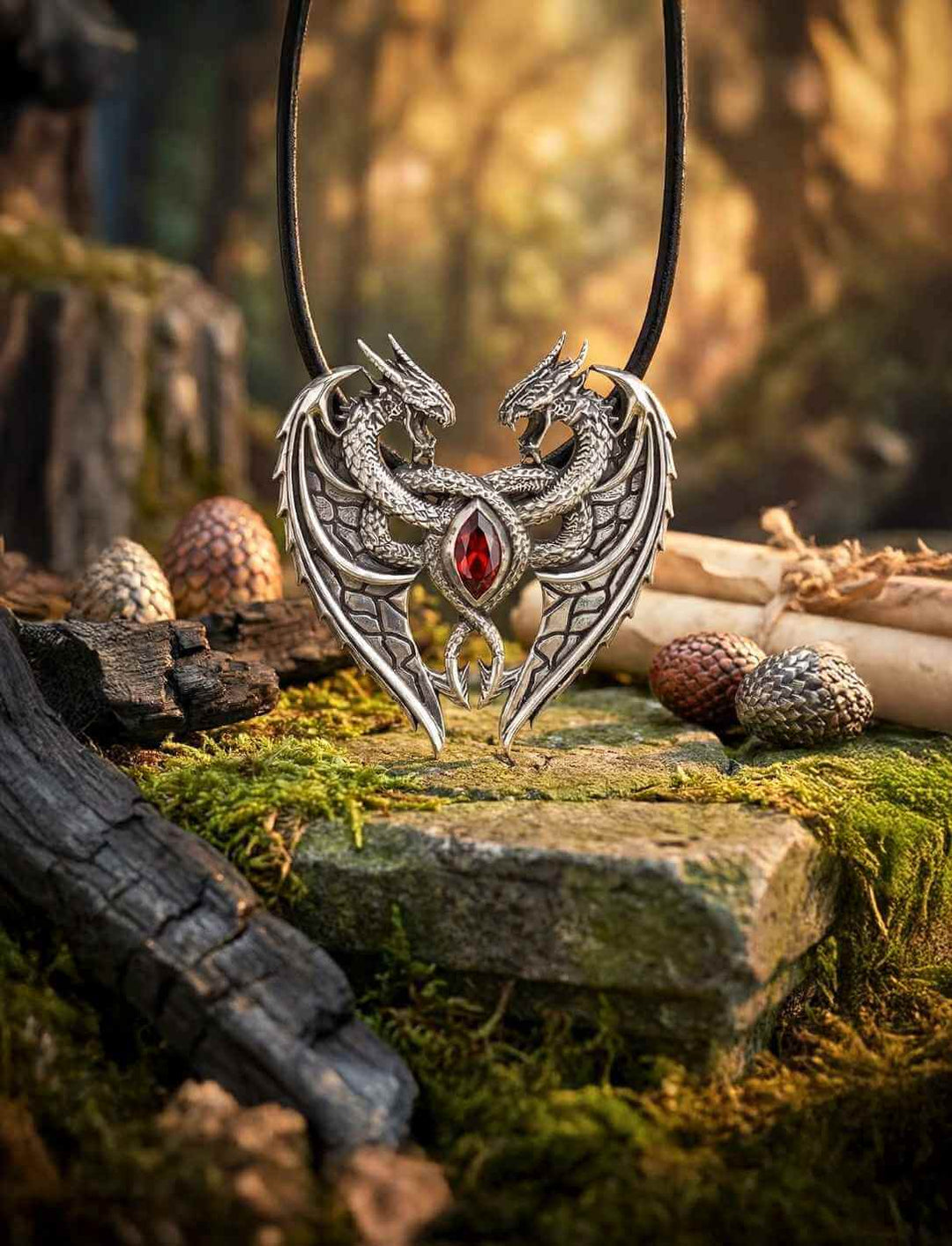 Herzförmiger Drachenanhänger aus 925 Sterling Silber mit rotem Zirkonia auf moosigem Stein im Wald