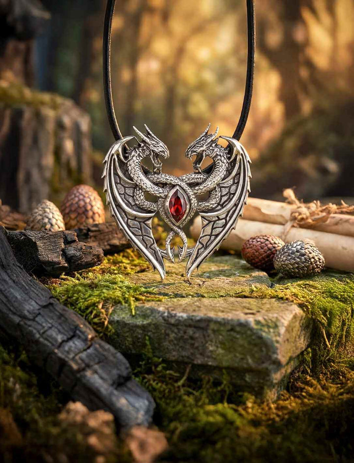 Herzförmiger Drachenanhänger aus 925 Sterling Silber mit rotem Zirkonia auf moosigem Stein im Wald