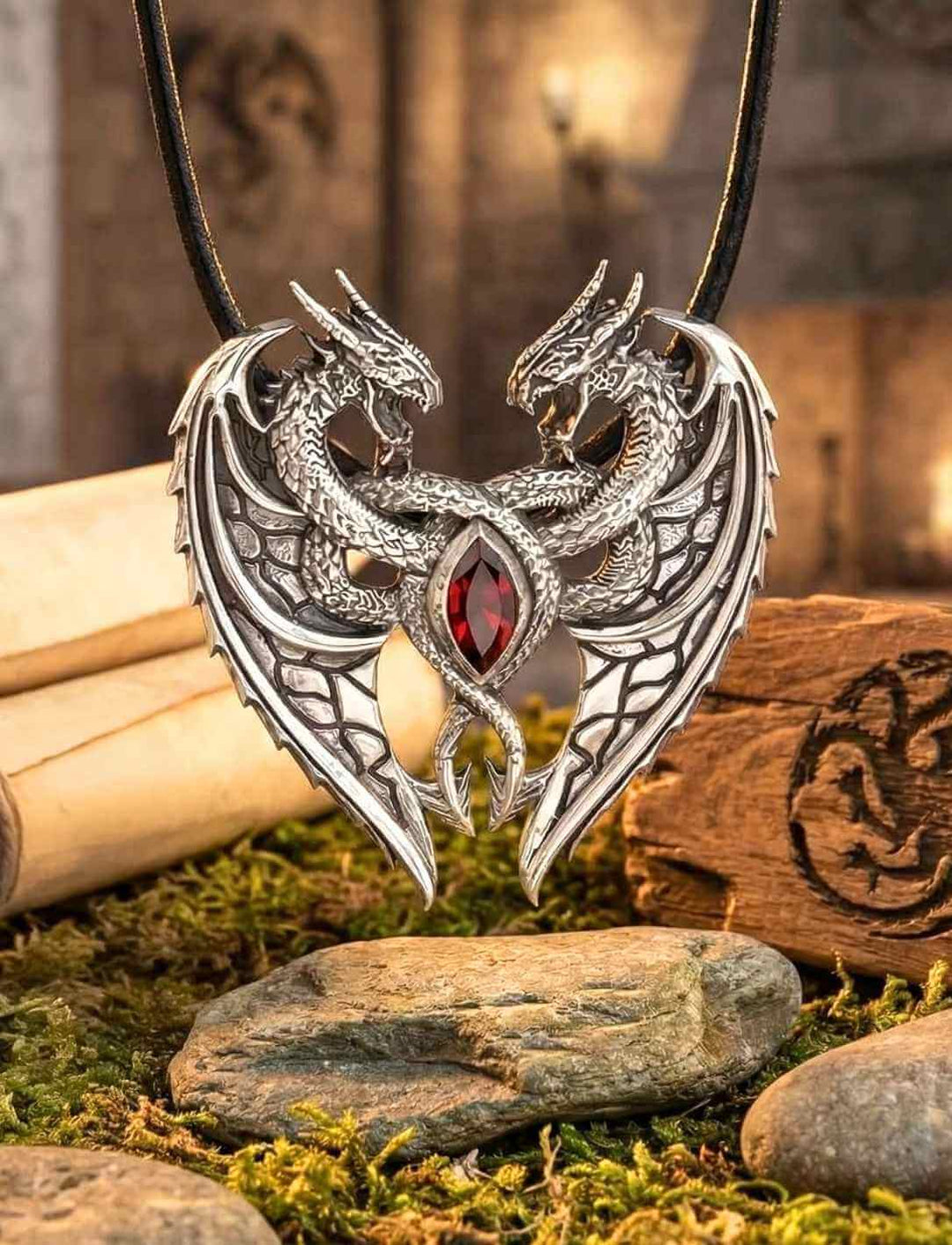 Detailaufnahme Herz des Drachen Silberanhänger mit Flügelmotiv und rotem Zirkonia in mystischer Atmosphäre