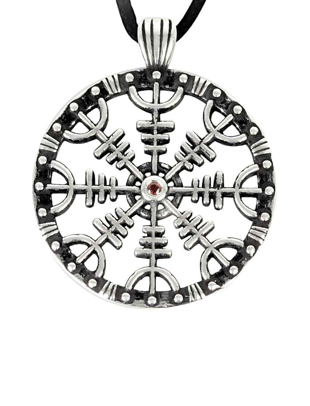 Ægishjálmur Amulett „Helm der Ehrfurcht“ aus 925 Sterling-Silber mit rotem Zirkonia auf weißem Hintergrund