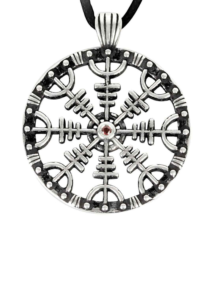 Ægishjálmur Amulett „Helm der Ehrfurcht“ aus 925 Sterling-Silber mit rotem Zirkonia auf weißem Hintergrund