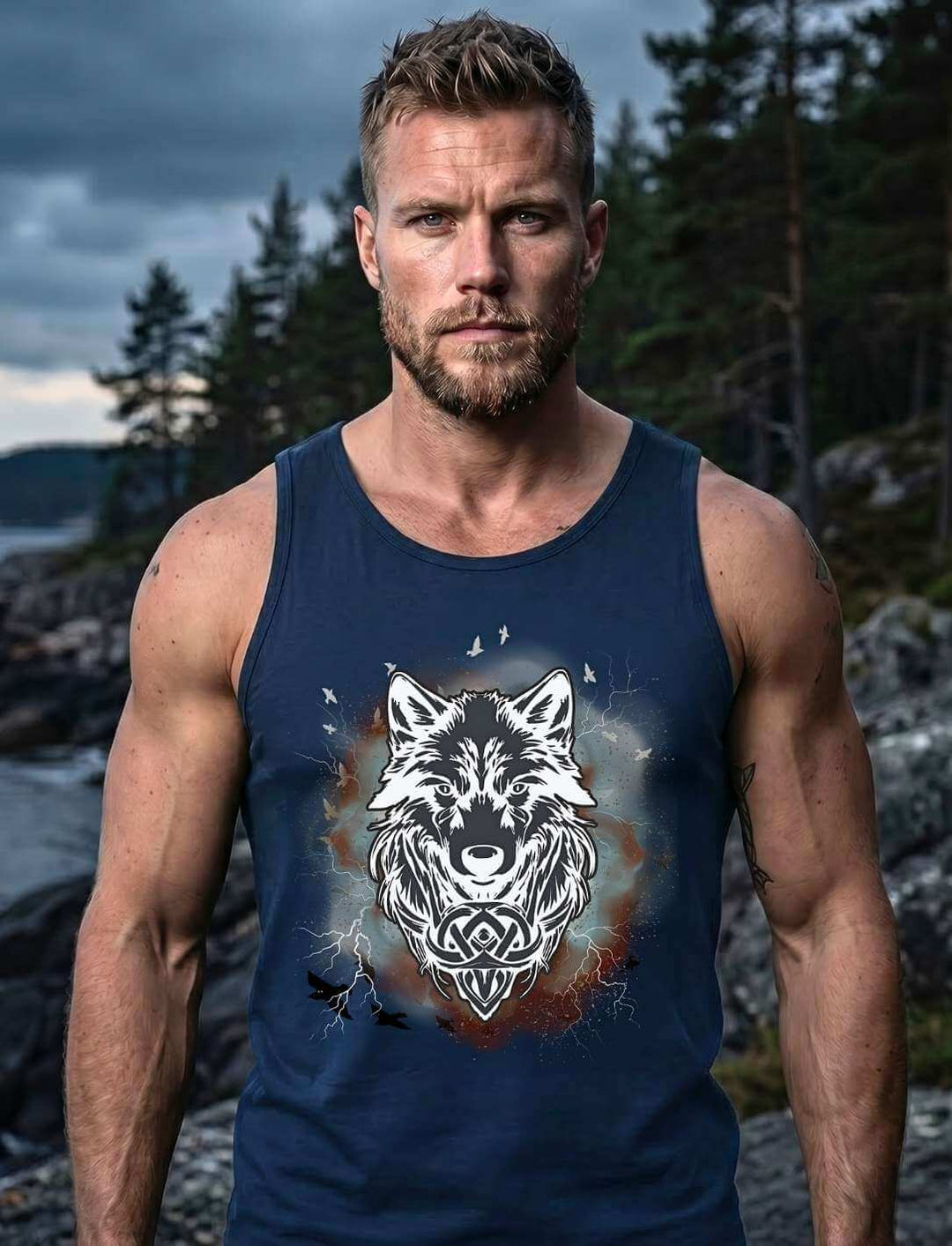 Mann trägt dunkelblaues Fenrir Tank Top mit nordischem Wolfskopf-Print in Outdoor-Szene