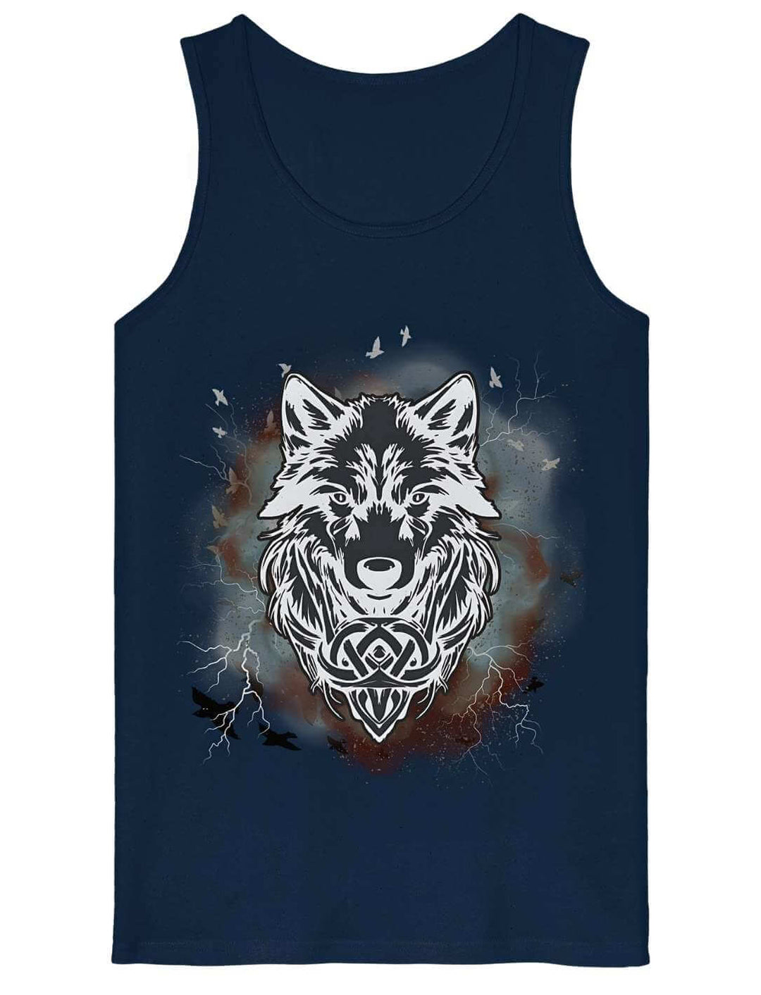 Dunkelblaues Herren Tank Top mit Fenrir-Wolfsmotiv und keltischem Knotenwerk – Flat Lay