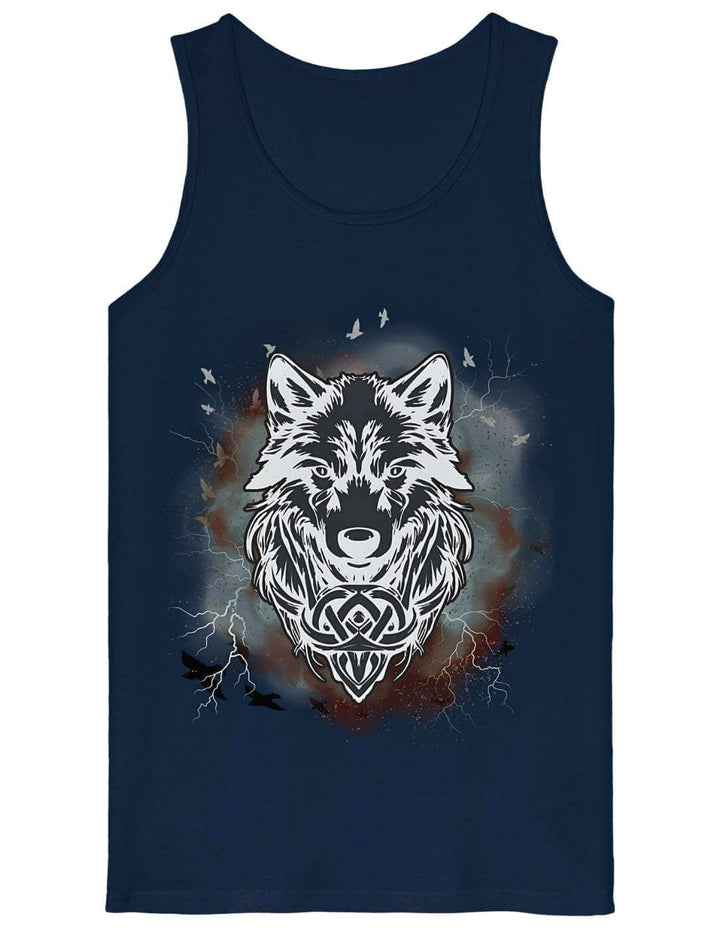 Dunkelblaues Herren Tank Top mit Fenrir-Wolfsmotiv und keltischem Knotenwerk – Flat Lay