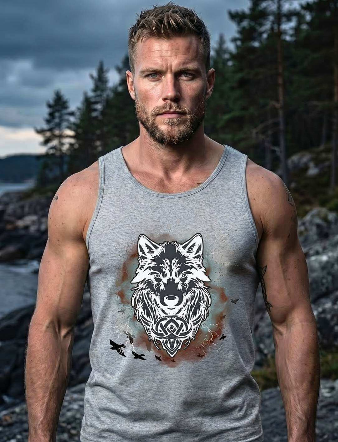 Mann trägt graues Tank Top mit Fenrir-Wolfsdruck vor natürlichem Hintergrund