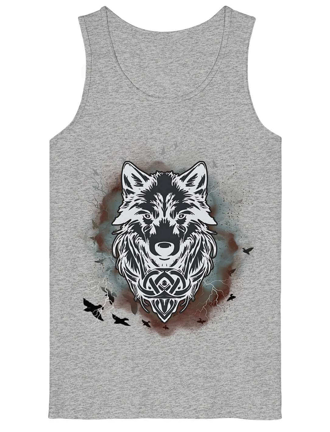 Graues Herren Tank Top mit Fenrir-Wolfsmotiv und keltischem Knotenwerk – Flat Lay