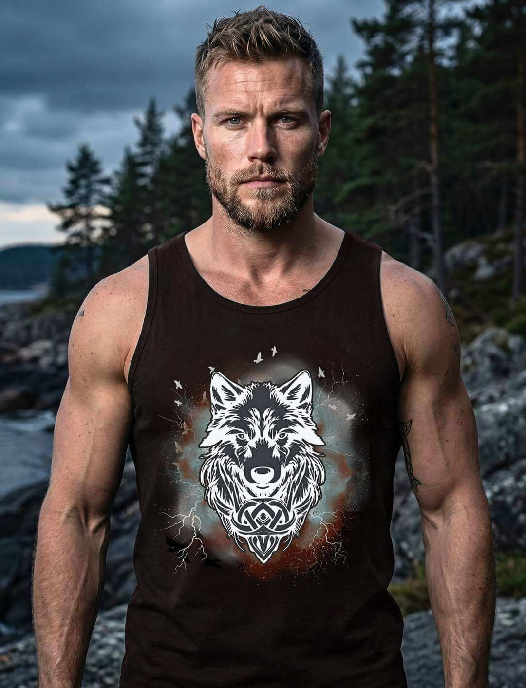 Mann trägt schwarzes Fenrir Tank Top mit Wolfskopf-Print vor nordischer Waldkulisse