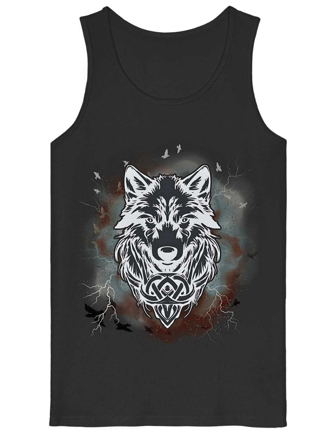 Schwarzes Herren Tank Top mit Fenrir-Wolfsmotiv und keltischem Knotenwerk auf der Brust – Flat Lay