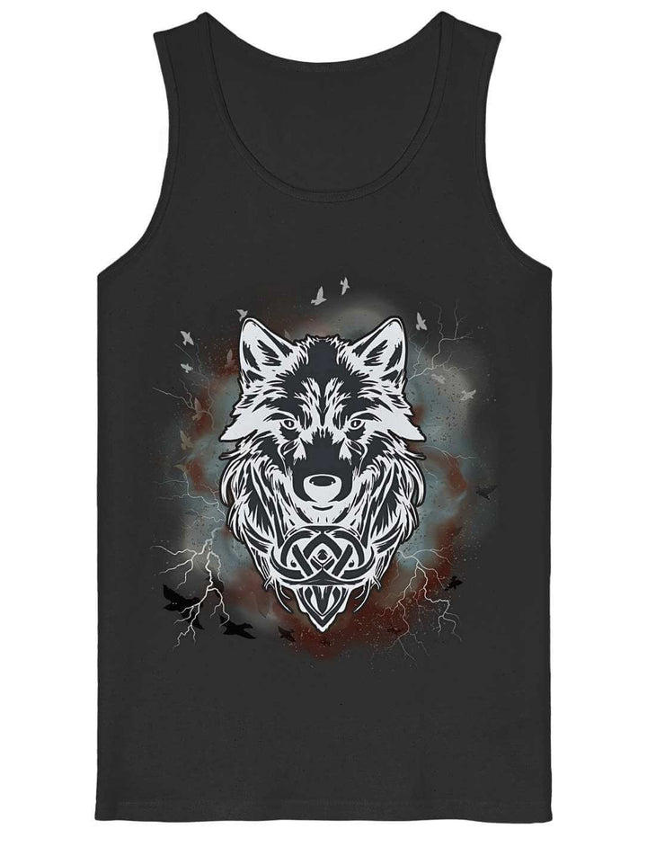 Schwarzes Herren Tank Top mit Fenrir-Wolfsmotiv und keltischem Knotenwerk auf der Brust – Flat Lay