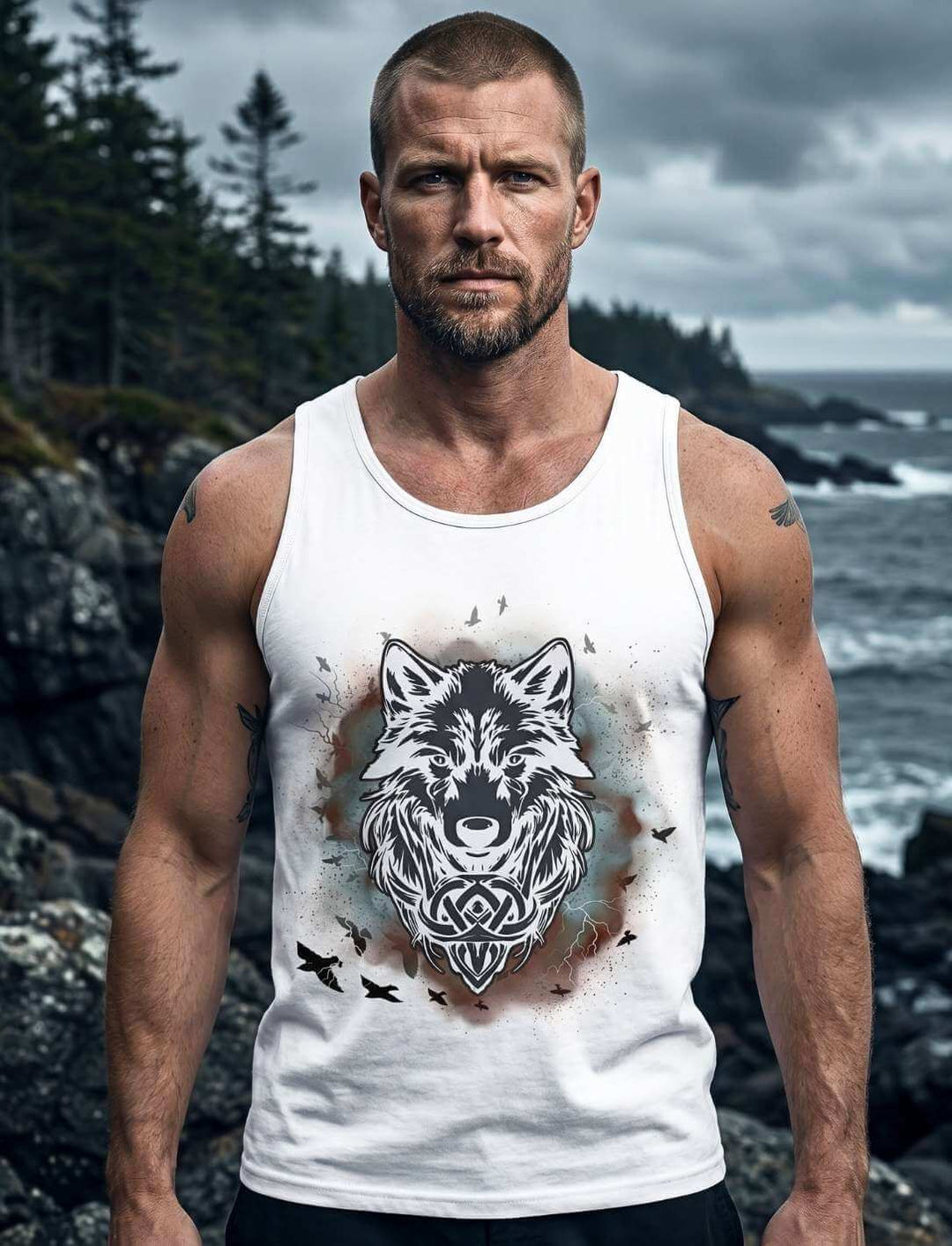 Mann trägt weißes Tank Top mit Fenrir-Wolfsdruck vor skandinavischer Naturlandschaft
