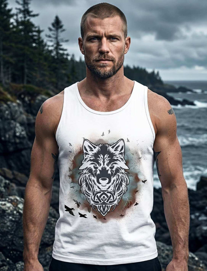 Mann trägt weißes Tank Top mit Fenrir-Wolfsdruck vor skandinavischer Naturlandschaft