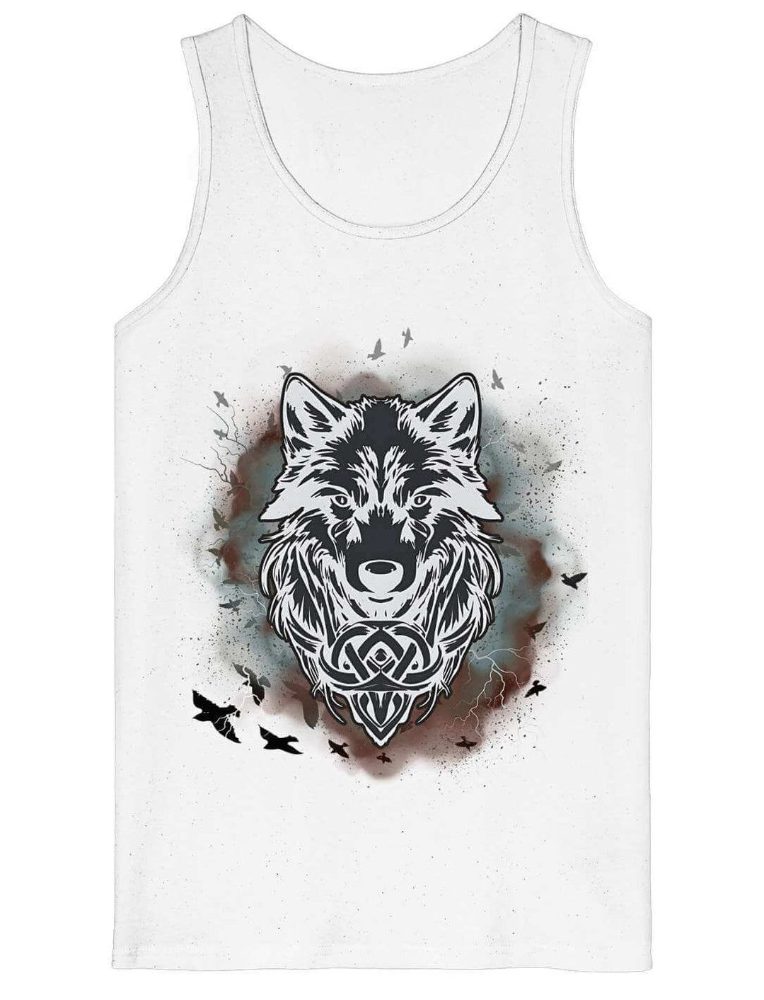 Weißes Herren Tank Top mit Fenrir-Wolfsmotiv und keltischem Knotenwerk – Flat Lay