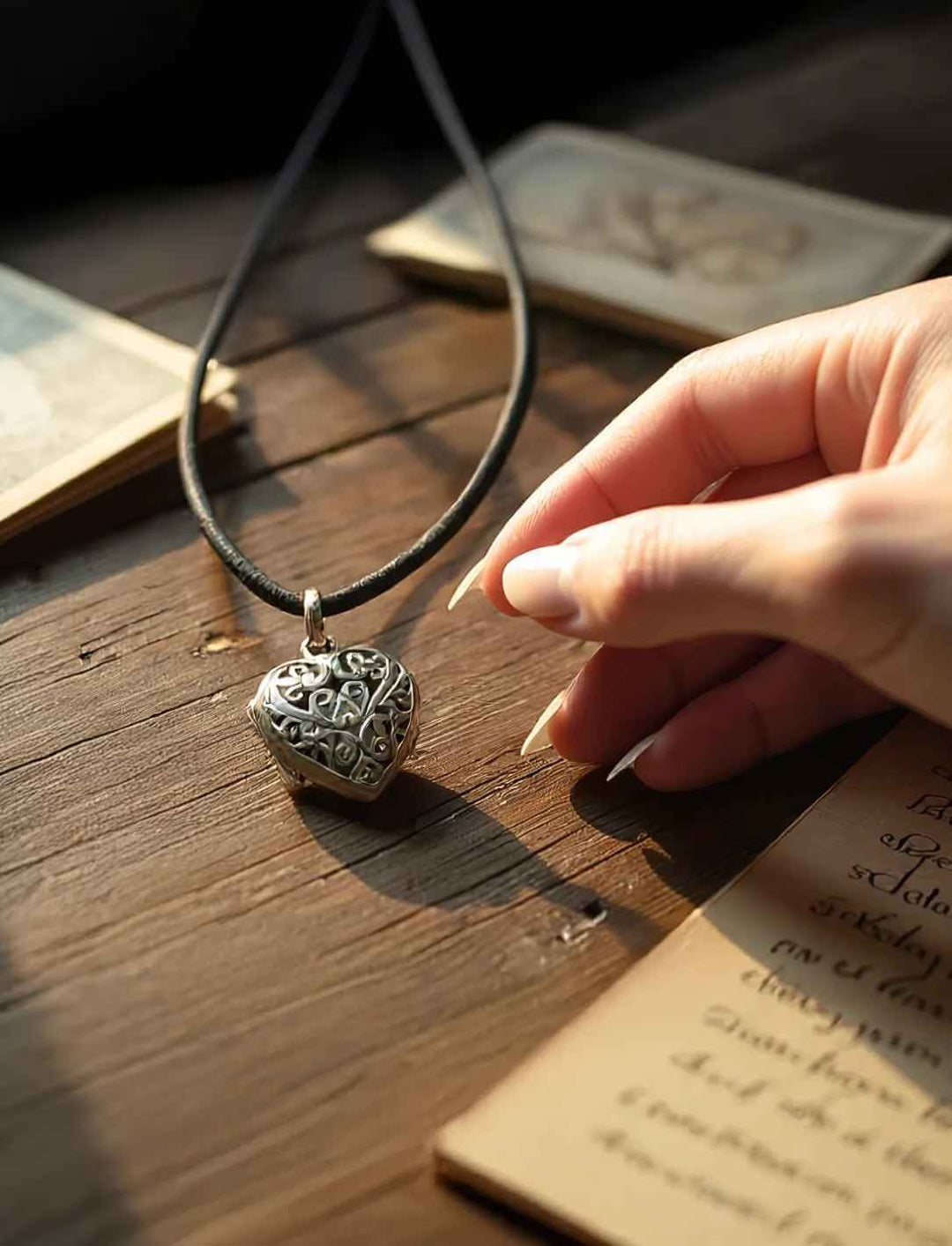 Detailaufnahme des filigranen Silberanhängers in Herzform mit Ornamenten, getragen an einer feinen Ankerkette. Der Anhänger liegt auf einem Notizbuch mit Handschrift, daneben Lavendelzweige und eine Feder – stimmungsvolle, romantische Szene.