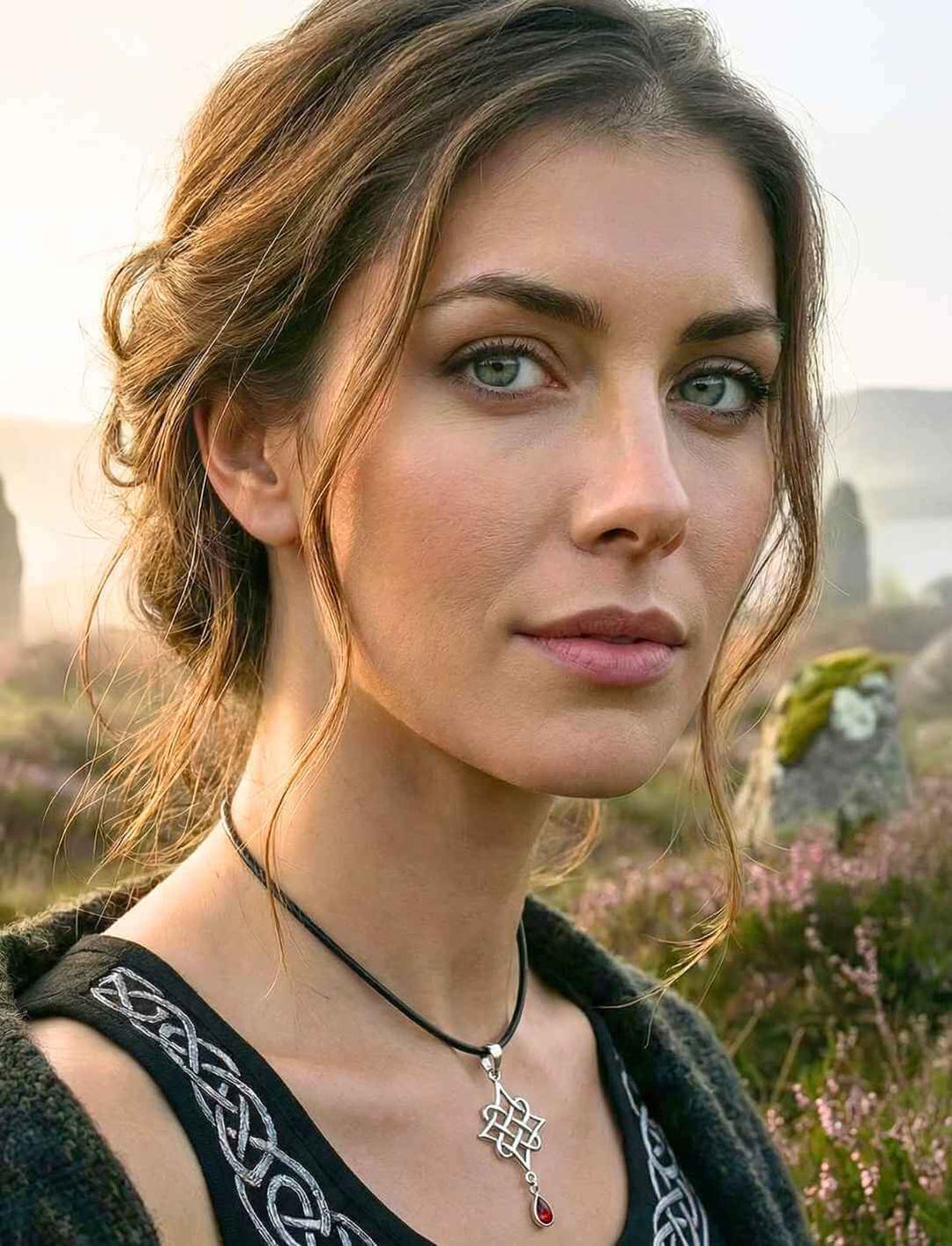 Frau trägt den keltischen Knoten Anhänger „Herz des alten Hains“ als Silber Schmuckstück.