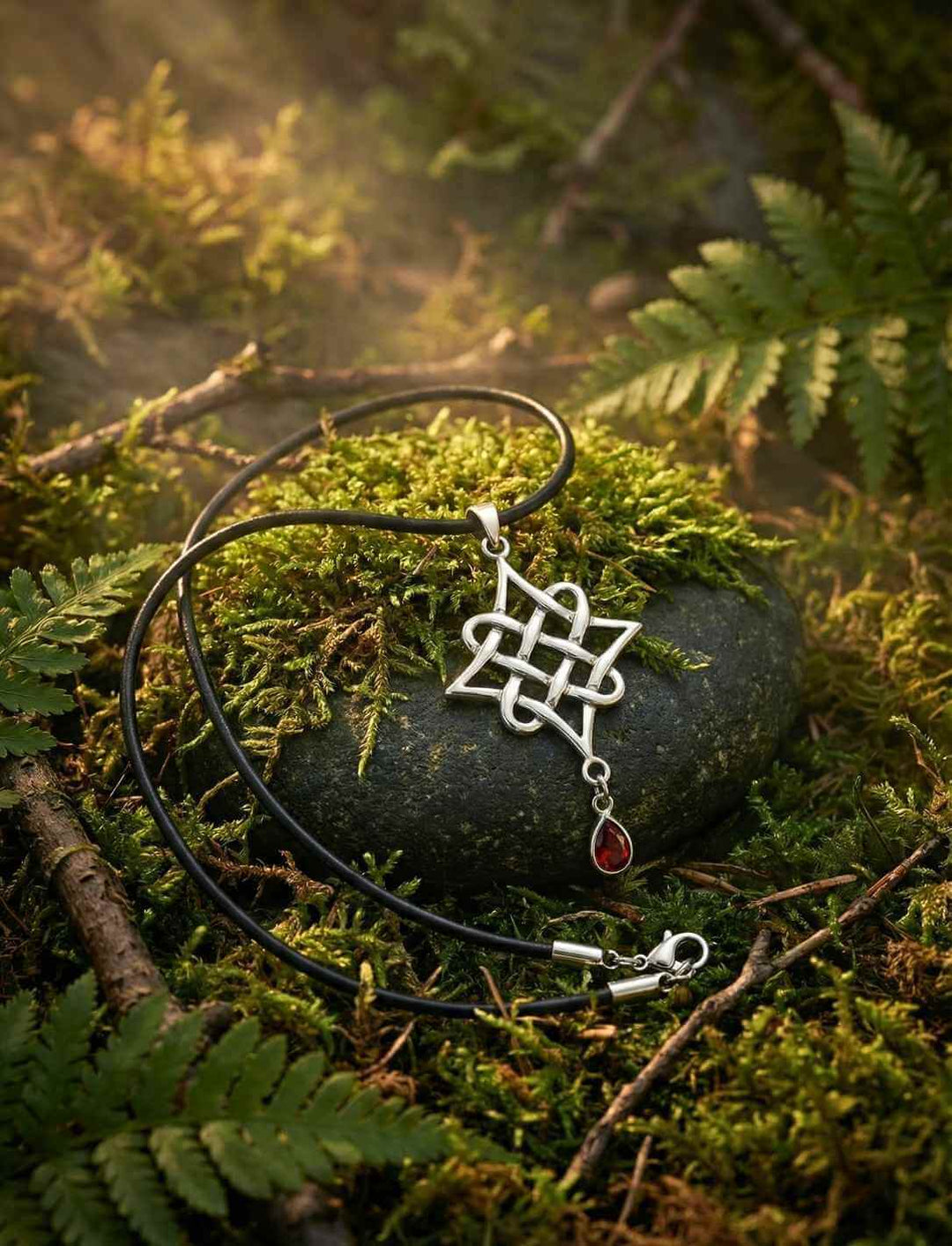 Keltischer Knoten Anhänger „Herz des alten Hains“ an schwarzer Lederkette, fotografiert im natürlichen Waldlicht.