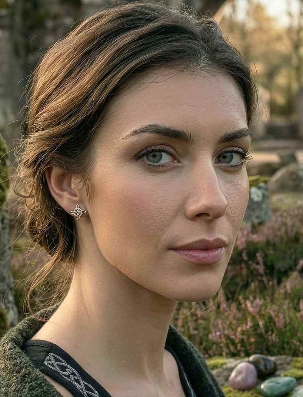 Frau trägt keltische Hexenknoten Ohrstecker aus Silber in natürlicher Umgebung