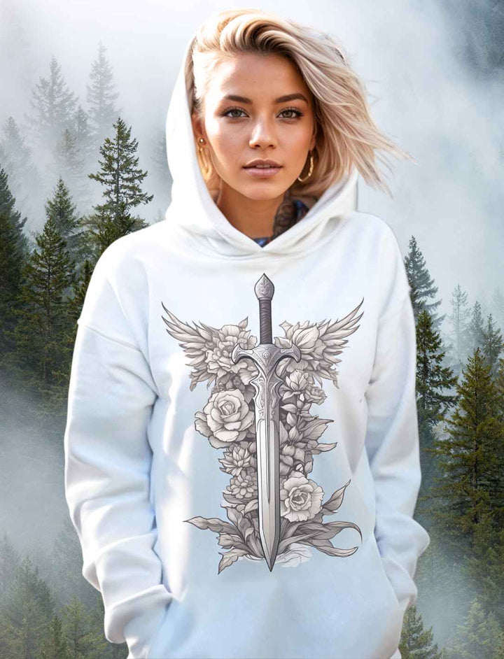 Junge Frau trägt den 'Schwert des Sylvanritters' Organic Unisex Hoodie in Weiß, präsentiert den lässigen Stil und das klare Design