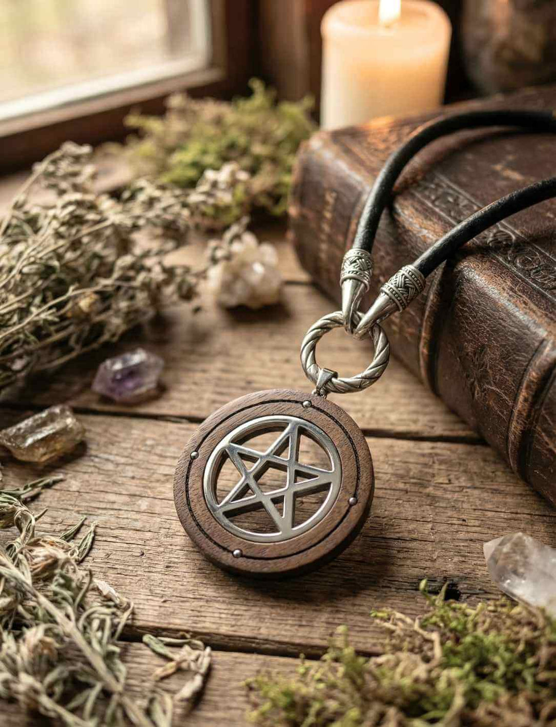 Holzanhänger mit Pentagramm der Balance, Detailaufnahme mit Lederkette Band des Hüters.