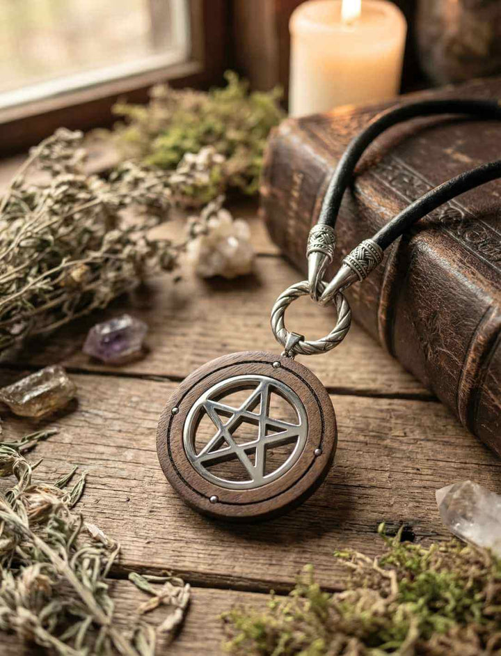 Holzanhänger mit Pentagramm der Balance, Detailaufnahme mit Lederkette Band des Hüters.