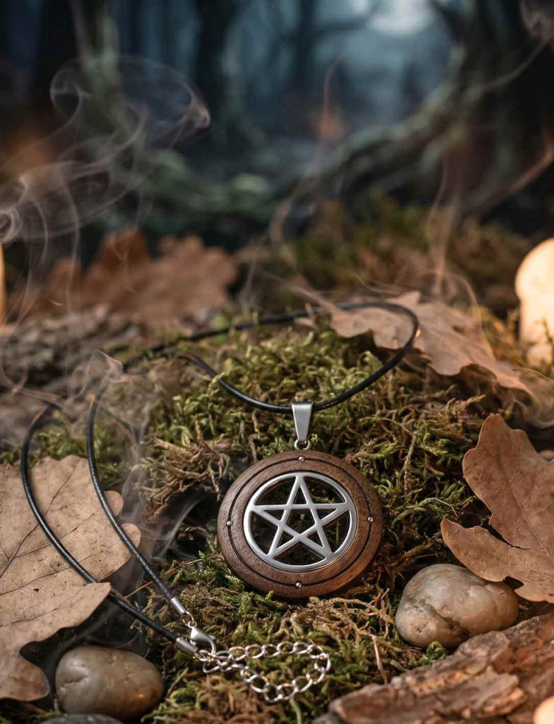 Holzanhänger mit Pentagramm aus Edelstahl, liegend auf moosigem Waldboden mit Blättern im mystischen Natursetting
