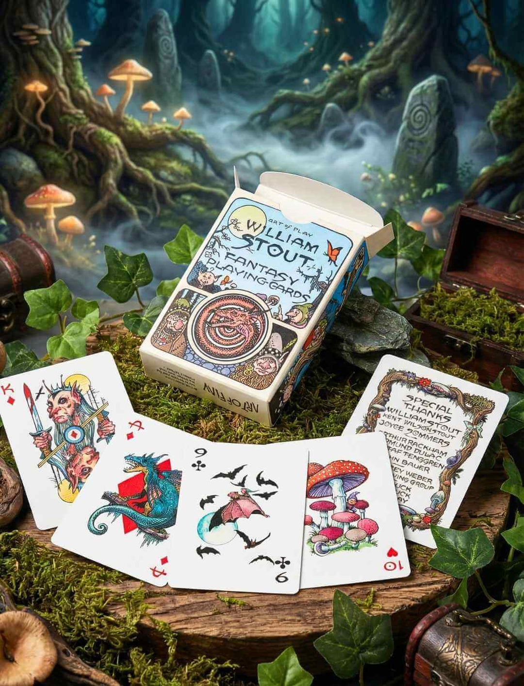 Fantasy Spielkartenset mit Drachen und magischen Motiven in mystischer Waldszene