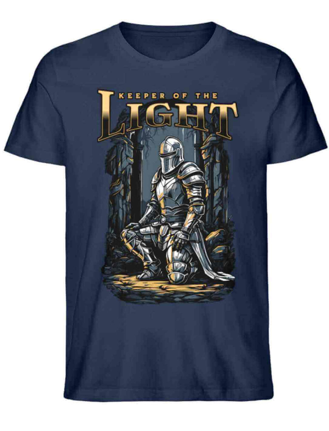 Unisex Organic T-Shirt ‘Keeper of the Light’ in French Navy auf weißem Hintergrund – tiefes Blau trifft auf ein episches Motiv, perfekt für Fantasy-Begeisterte.