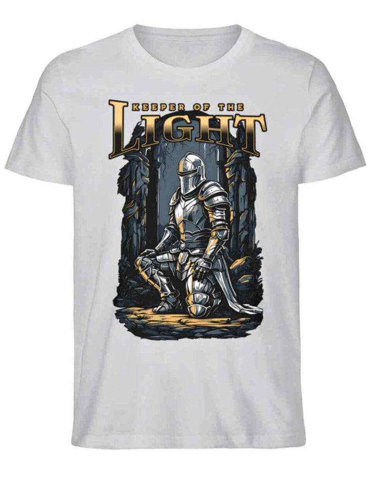 Unisex Organic T-Shirt ‘Keeper of the Light’ in Heather Grey auf weißem Hintergrund – dezentes, zeitloses Design mit einem Hauch von Fantasy-Eleganz.