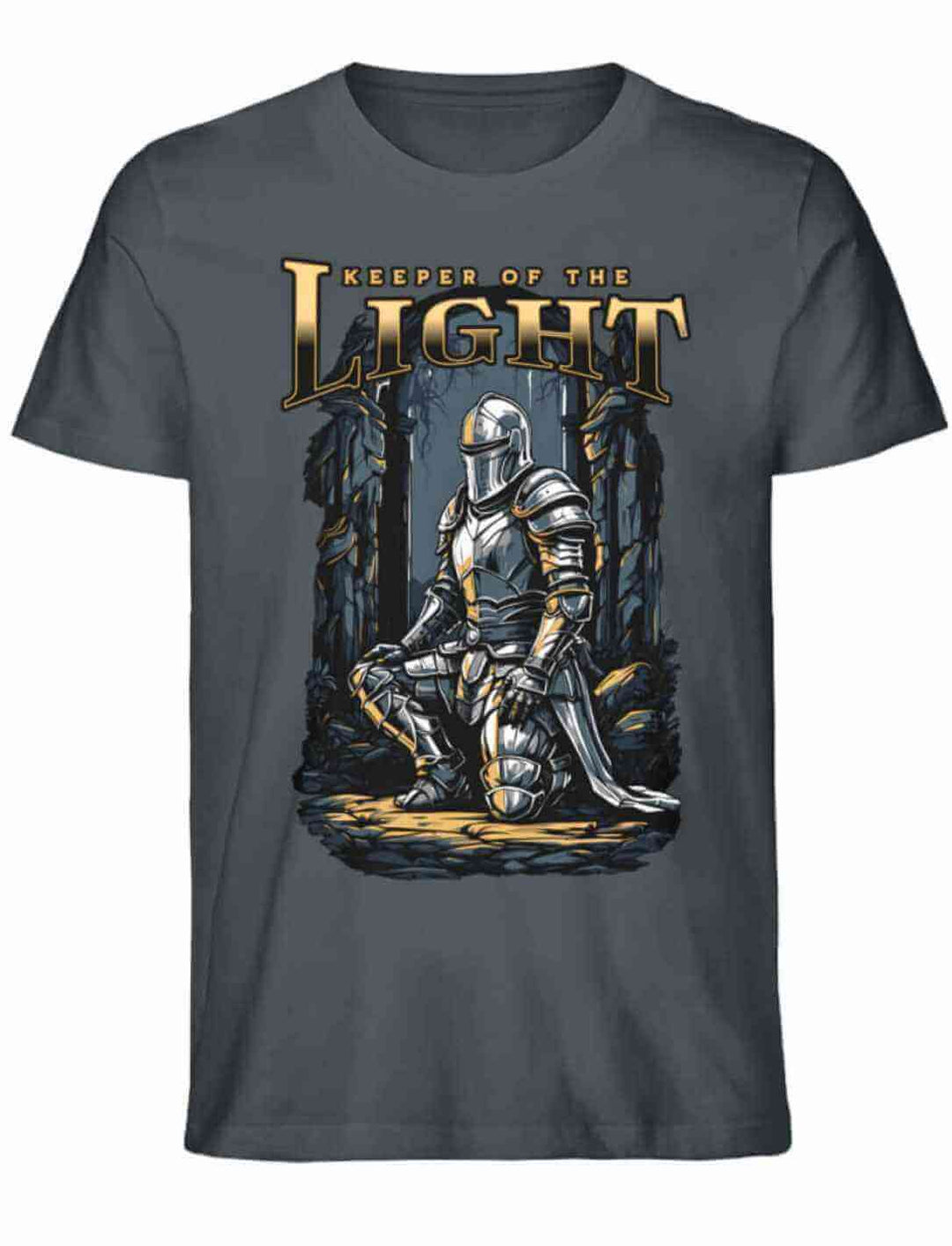 Unisex Organic T-Shirt ‘Keeper of the Light’ in India Ink Grey auf weißem Hintergrund – stilvolles Design, ideal für moderne Fantasy-Helden.