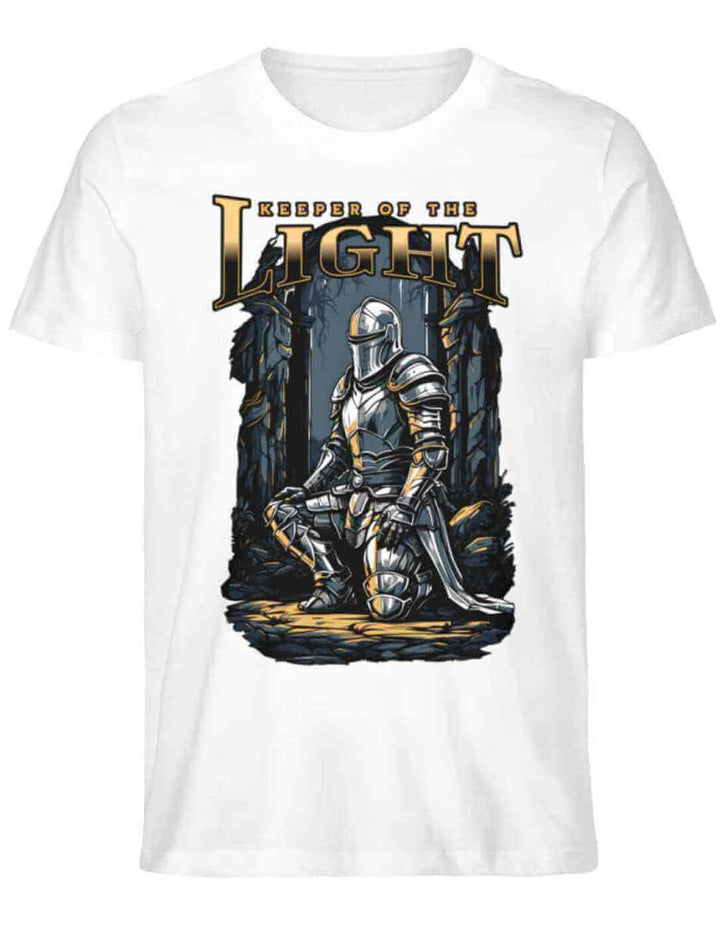 Unisex Organic T-Shirt ‘Keeper of the Light’ in Weiß auf weißem Hintergrund – ein minimalistisches Fantasy-Design, perfekt für Lichtbringer und Träger von Hoffnung.