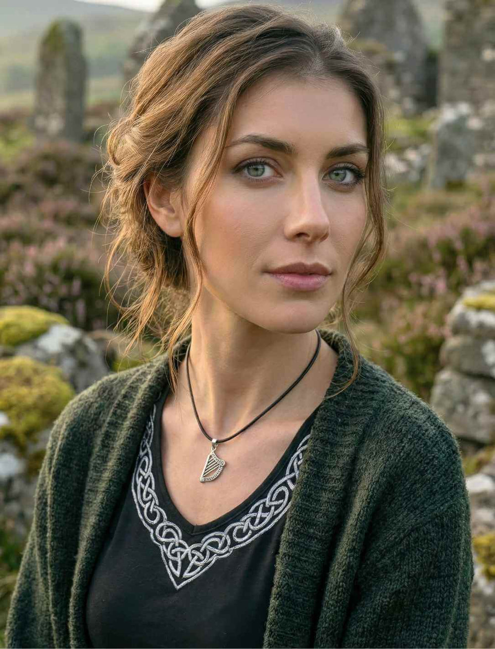 Keltische Harfe der alten Lieder als Silberanhänger getragen von Frau in natürlicher Umgebung