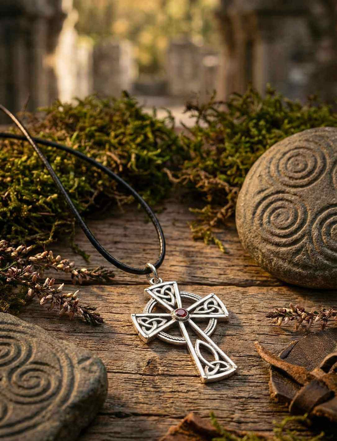 Keltenkreuz der vier Wege aus 925 Silber mit rotem Schmuckstein auf Holz und Stein