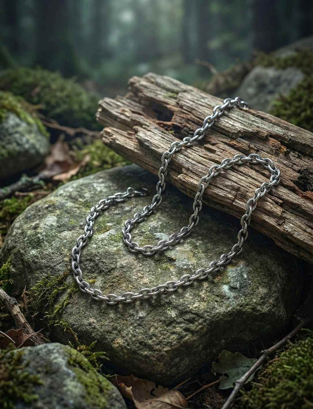 Edelstahl Gliederkette auf Holz und Stein in dunkler Waldatmosphäre